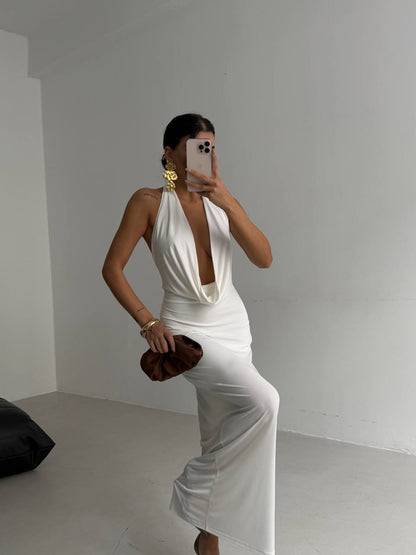 Draped Neckline Deep Cut Maxi Dress