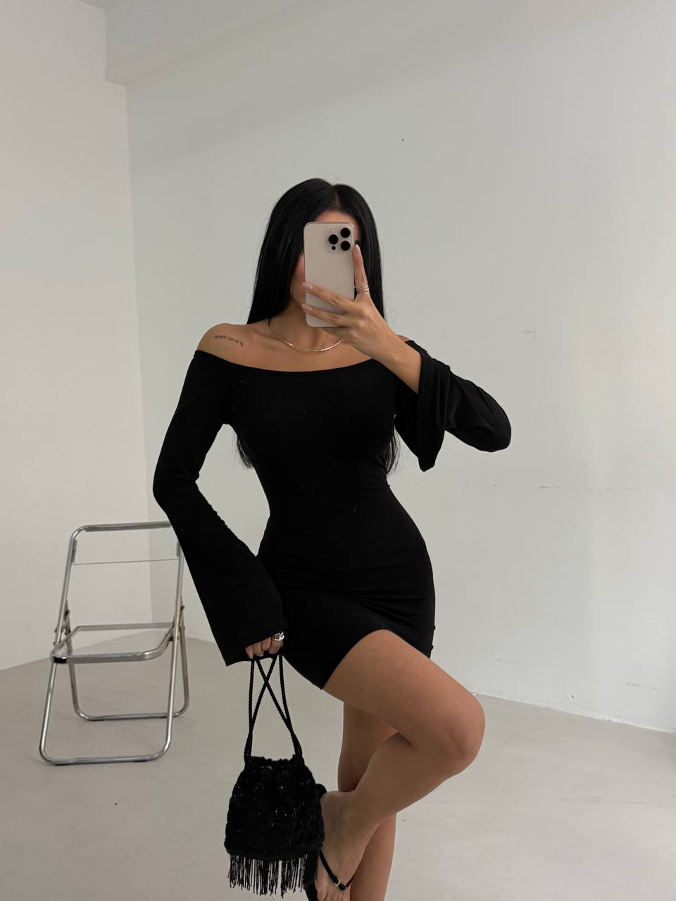 Flounce Detail Strapless Mini Black Dress