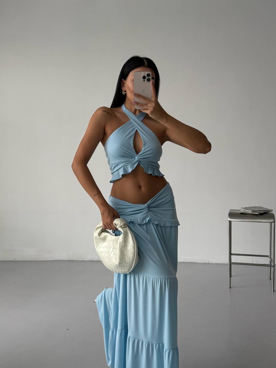 Gathered Detail Asymmetric Waist Baby Blue Skirt