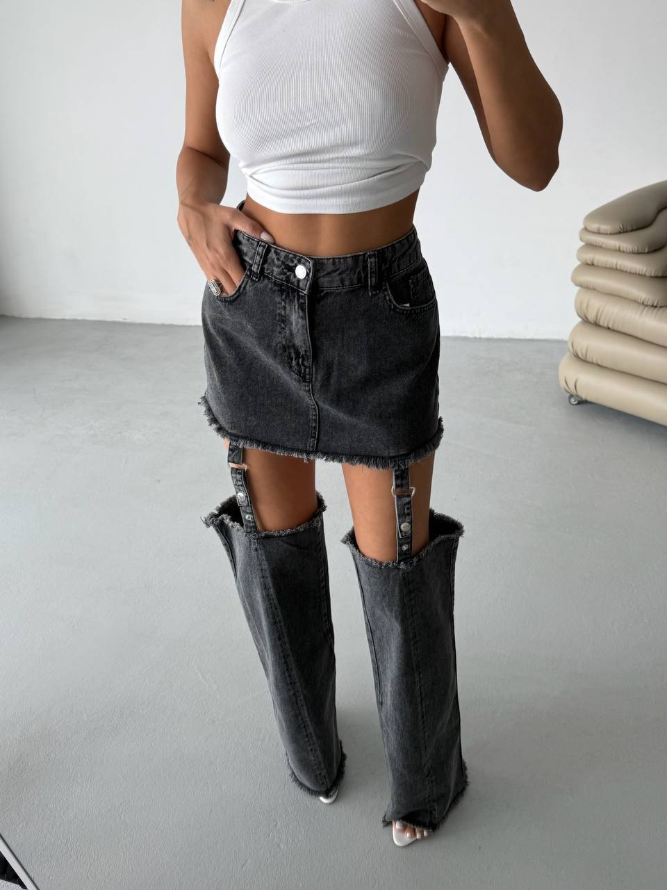 Leggings Detail High Waist Black Jeans + Crop