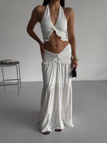Asymmetric Waist Ecru Skirt with Gathered Detail
