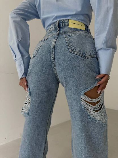 Back Laser Cut Wide Leg Blue Jeans + T-shirt
