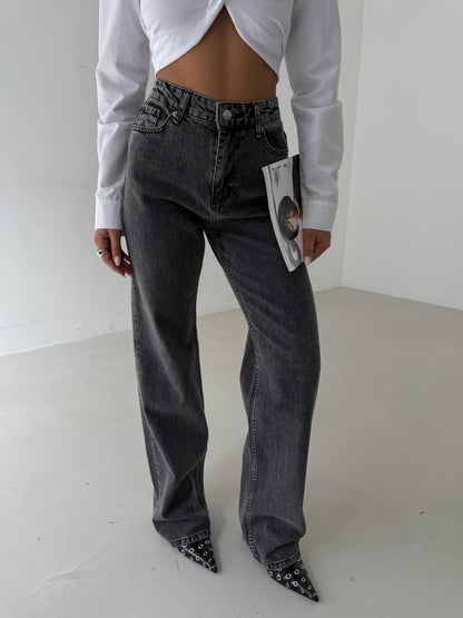 Back Laser Cut Wide Leg Black Jeans + T-shirt