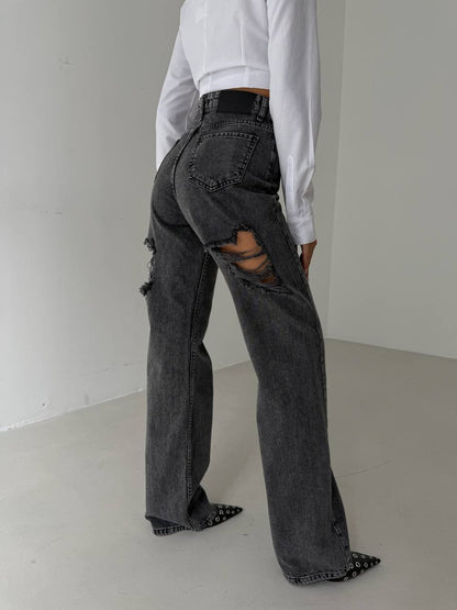 Back Laser Cut Wide Leg Black Jeans + T-shirt