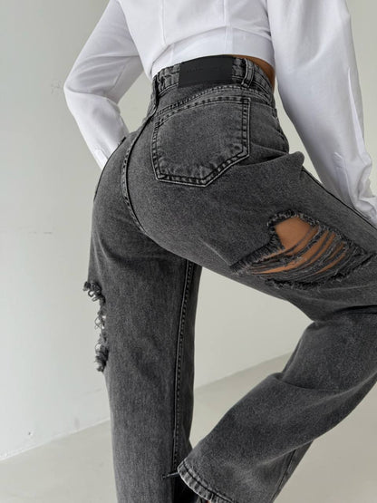 Back Laser Cut Wide Leg Black Jeans + T-shirt