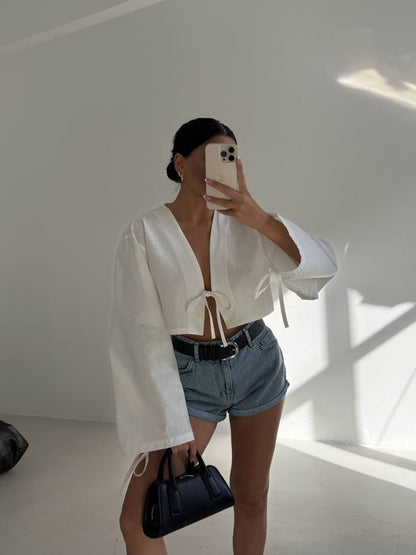 Tie Detail Long Sleeve White Blouse + Jean