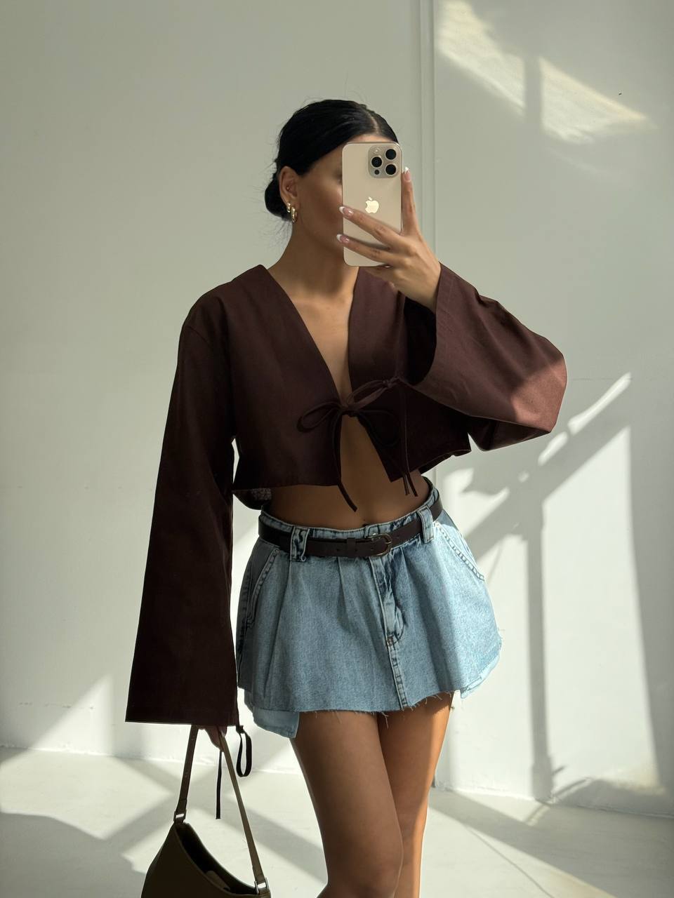 Tie Detail Long Sleeve Brown Blouse