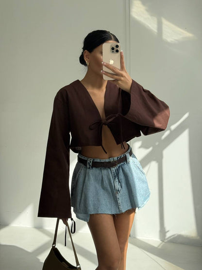 Tie Detail Long Sleeve Brown Blouse