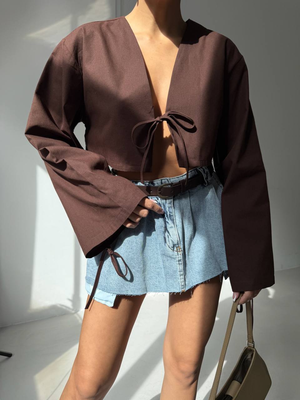 Tie Detail Long Sleeve Brown Blouse