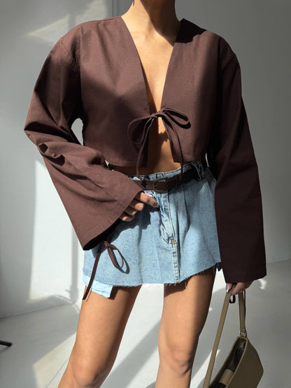 Tie Detail Long Sleeve Brown Blouse