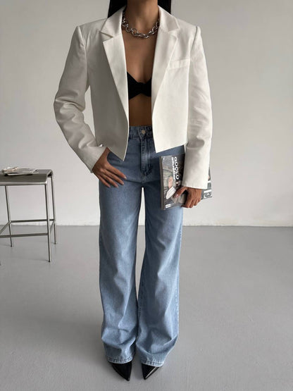 Crop Linen Blazer White Jacket