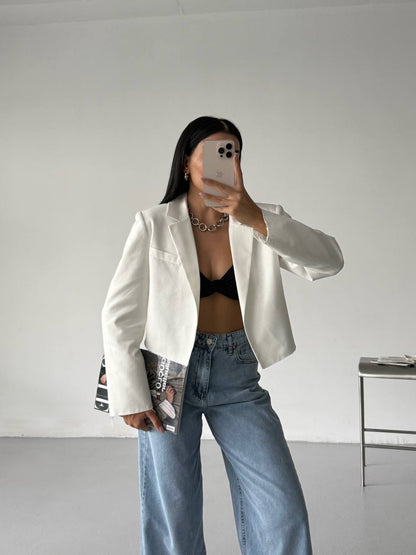 Crop Linen Blazer White Jacket