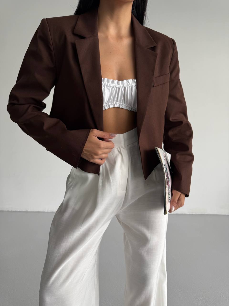 Crop Linen Blazer Brown Jacket