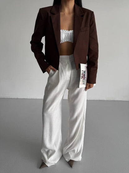 Crop Linen Blazer Brown Jacket