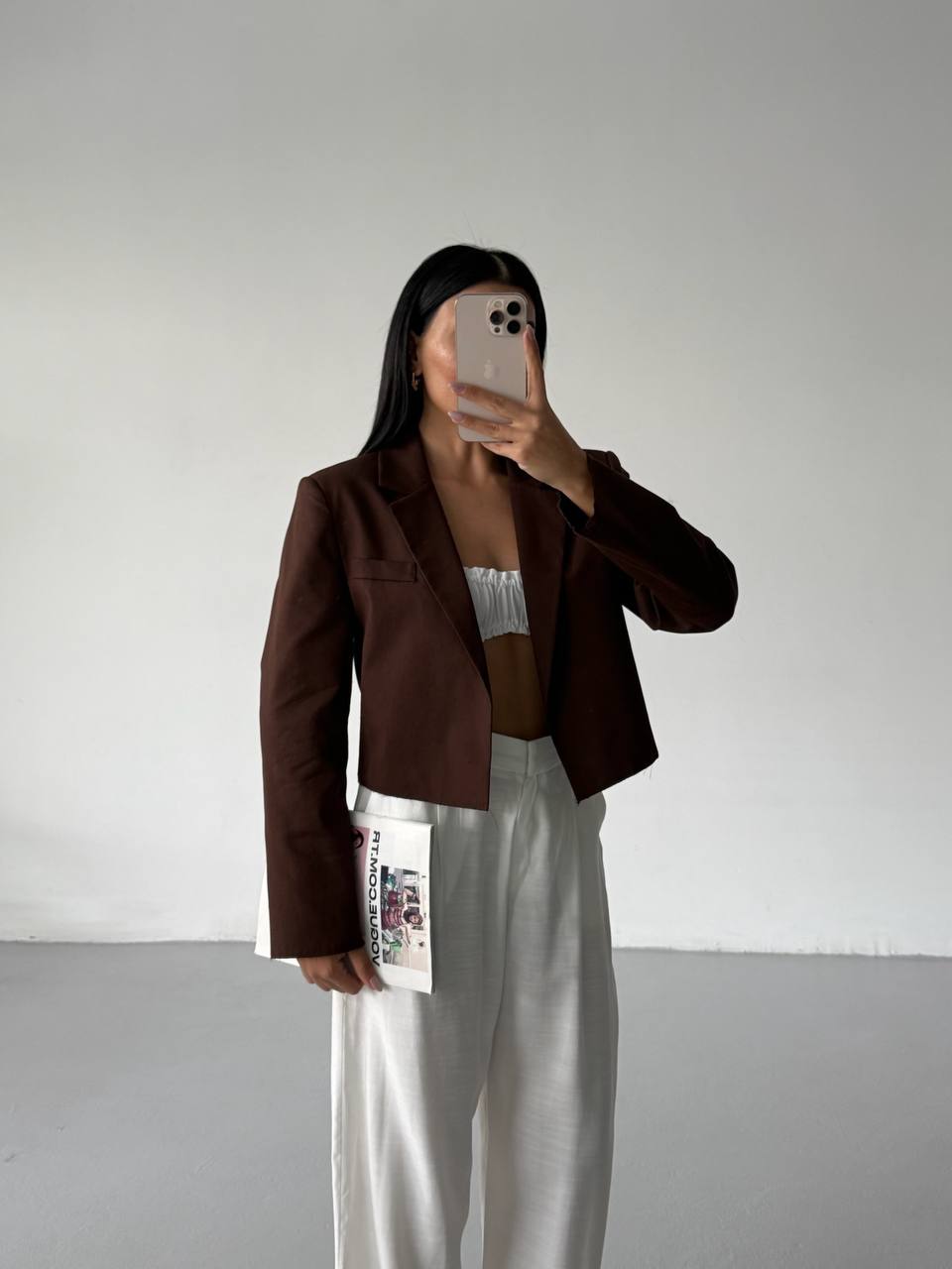 Crop Linen Blazer Brown Jacket