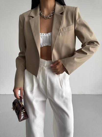 Crop Linen Blazer Beige Jacket
