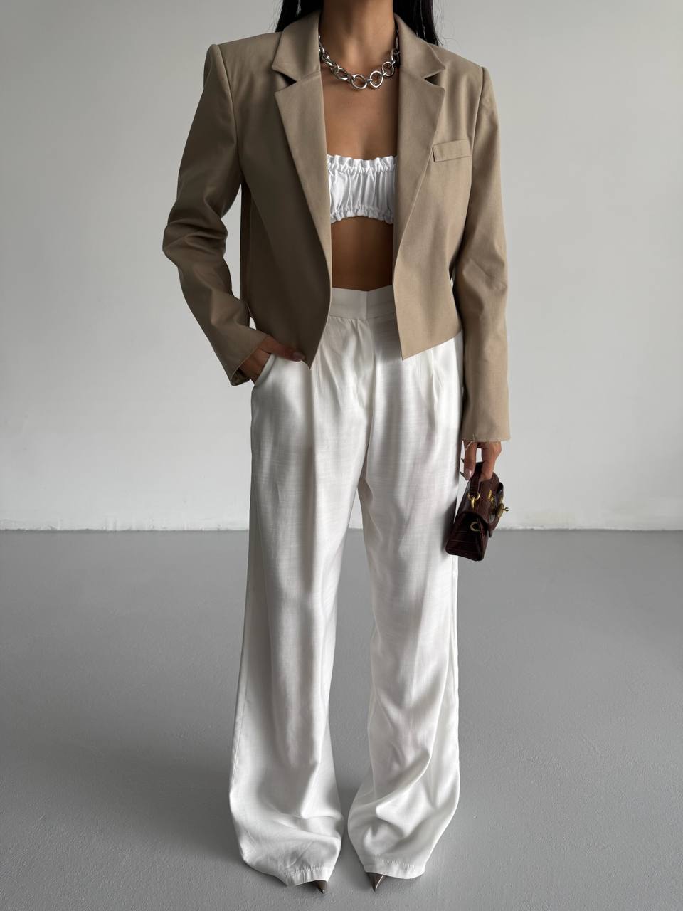 Crop Linen Blazer Beige Jacket