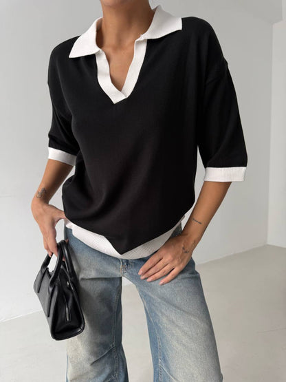 V Neck Stripe Detail Black White T-Shirt