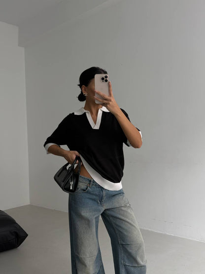 V Neck Stripe Detail Black White T-Shirt