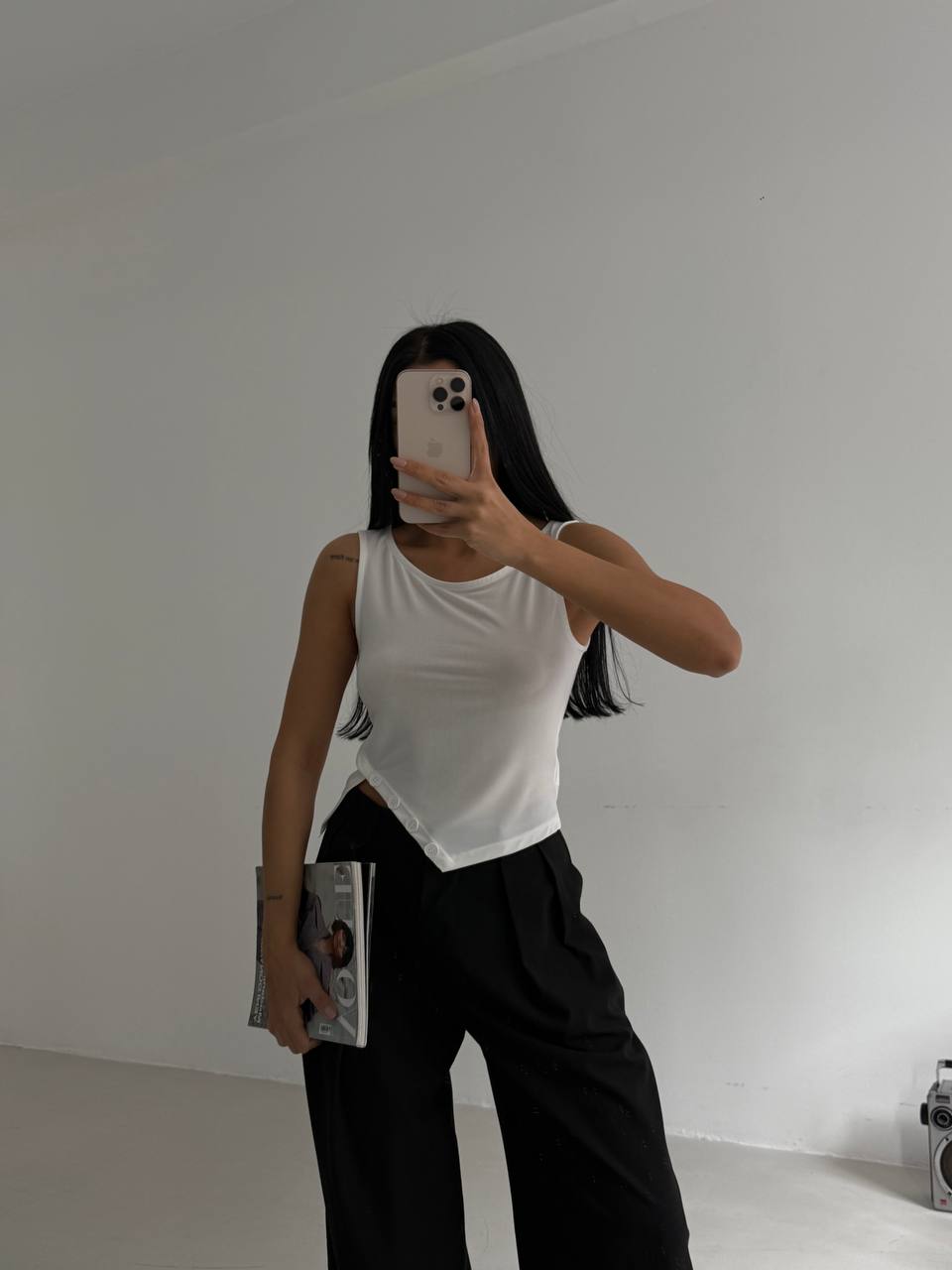 Boat Neck Slit Detail White Blouse