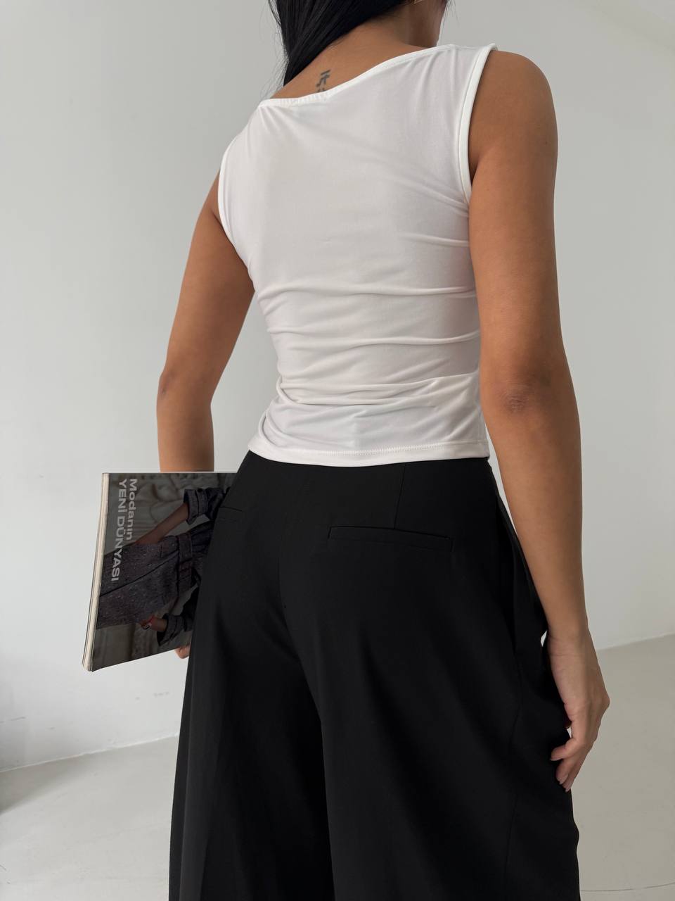 Boat Neck Slit Detail White Blouse