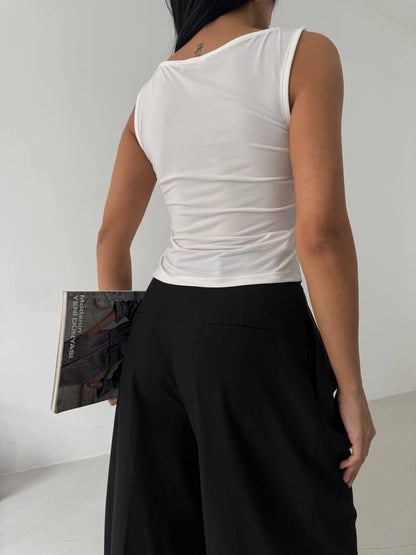 Boat Neck Slit Detail White Blouse