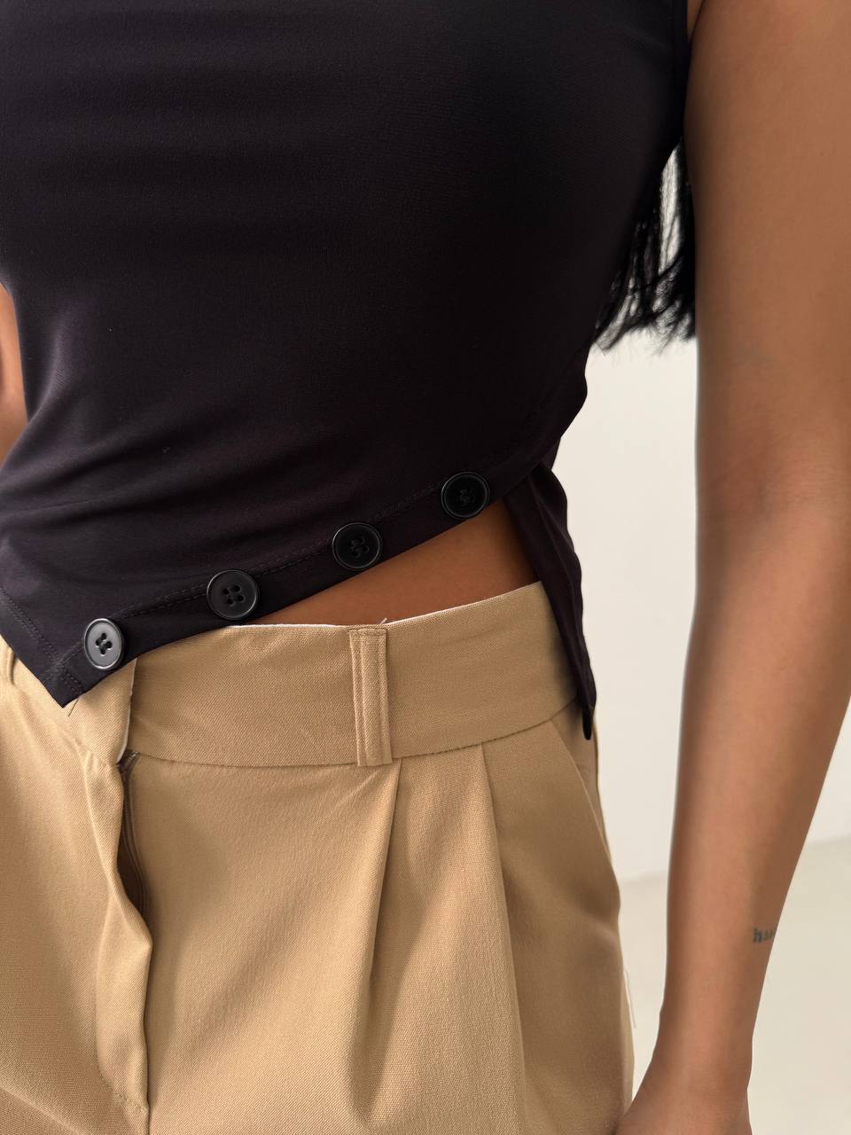 Boat Neck Slit Detail Black Blouse