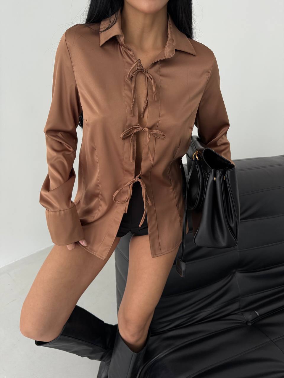 Tie Detail Satin Brown Shirt
