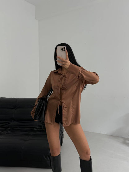 Tie Detail Satin Brown Shirt