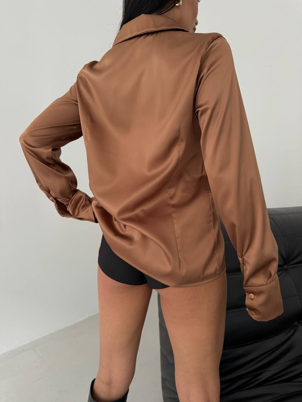 Tie Detail Satin Brown Shirt