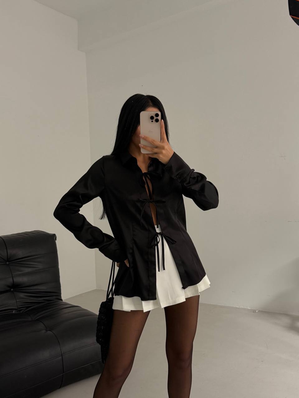 Tie Detail Satin Black Shirt