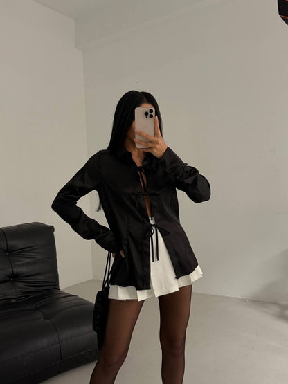 Tie Detail Satin Black Shirt