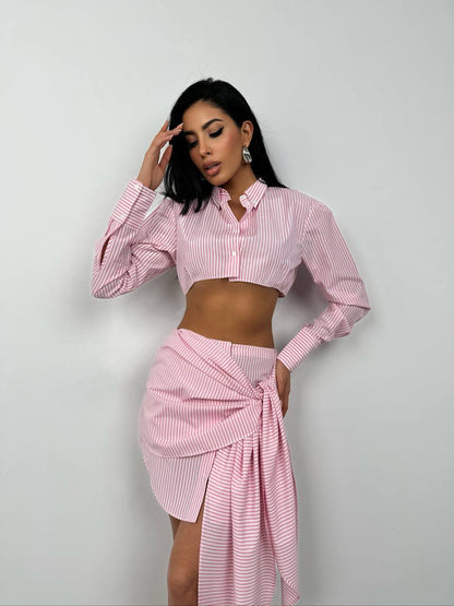 Sleeve Label Detail Striped Pink Crop Shirt + Skirt
