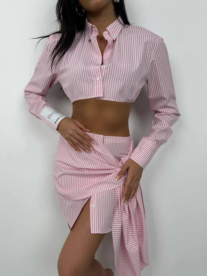 Sleeve Label Detail Striped Pink Crop Shirt + Skirt