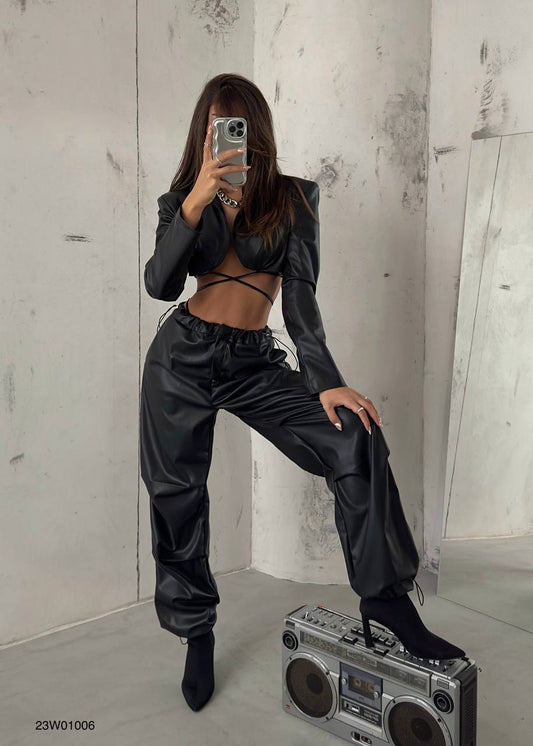 Elastic Waist Leather Black Trousers