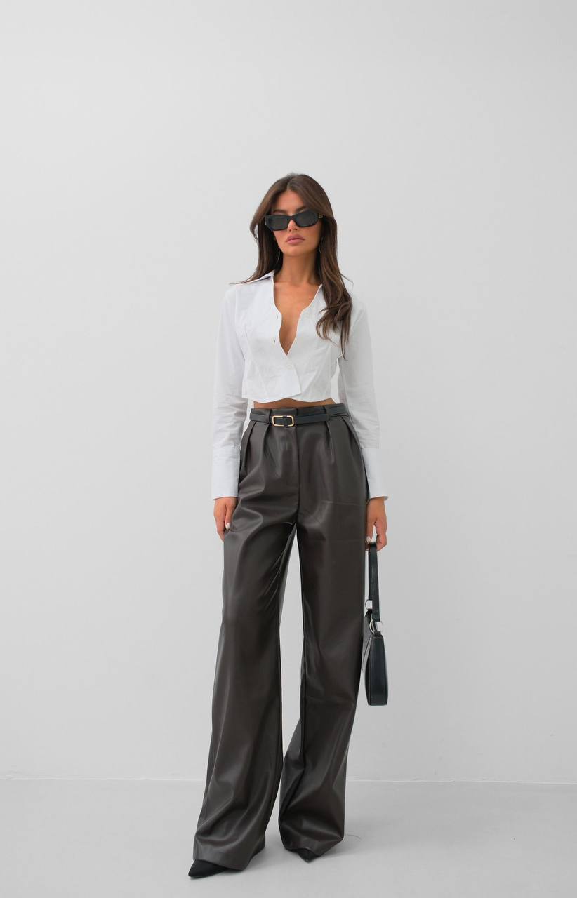 Pleated Wide Leg Black Leather Trousers