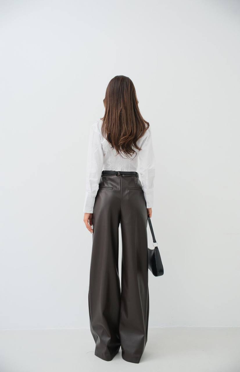 Pleated Wide Leg Black Leather Trousers