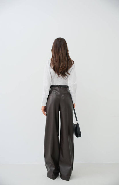Pleated Wide Leg Black Leather Trousers