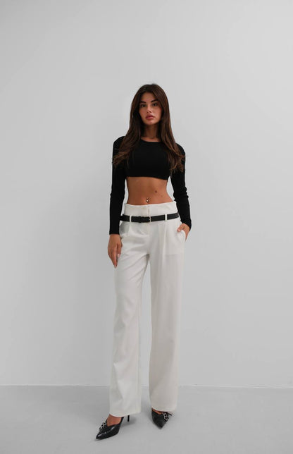 Belt Detail White High Waist Trousers