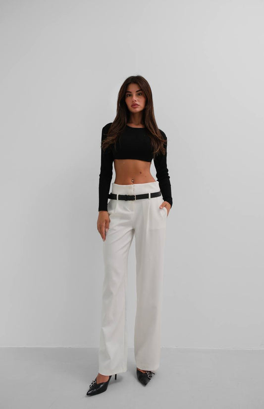 Belt Detail White High Waist Trousers