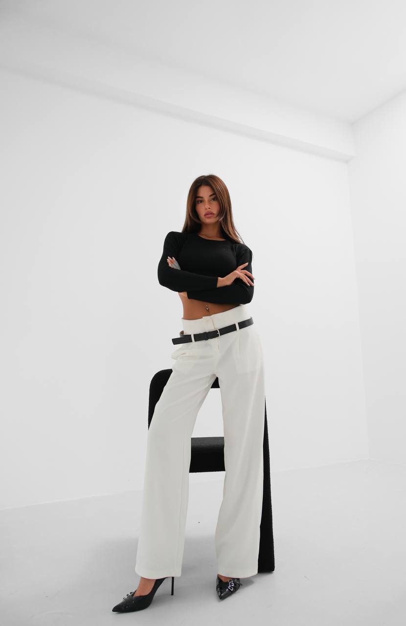 Belt Detail White High Waist Trousers