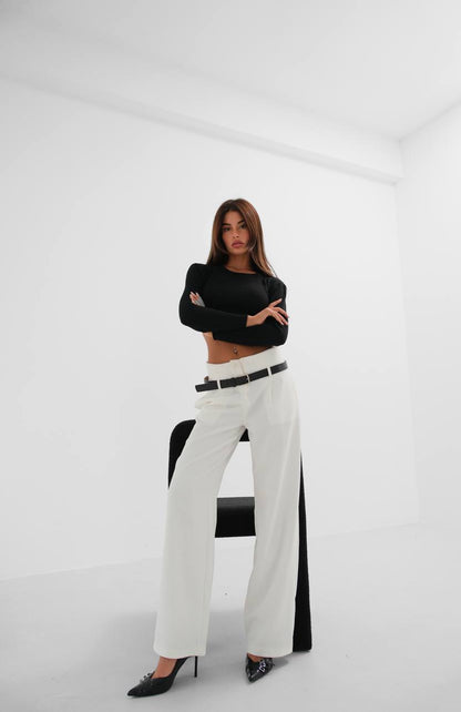Belt Detail White High Waist Trousers