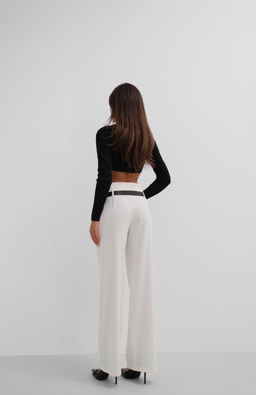 Belt Detail White High Waist Trousers