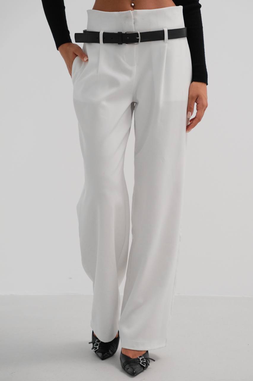 Belt Detail White High Waist Trousers