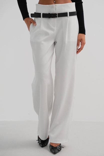 Belt Detail White High Waist Trousers