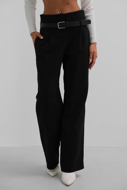 Belt Detail Black High Waist Trousers