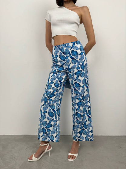Patterned Straight Leg Blue Trousers