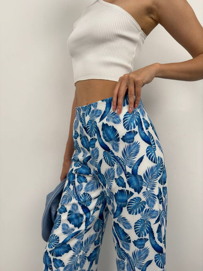 Patterned Straight Leg Blue Trousers