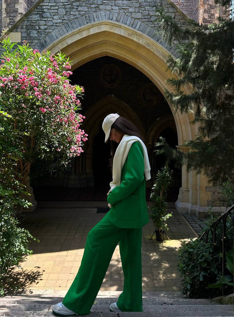 Waist Fold Green Trousers Blazer Jacket Set