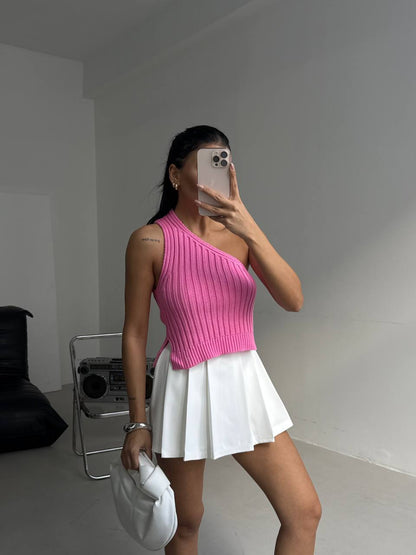 One Shoulder Knitted Pink Blouse